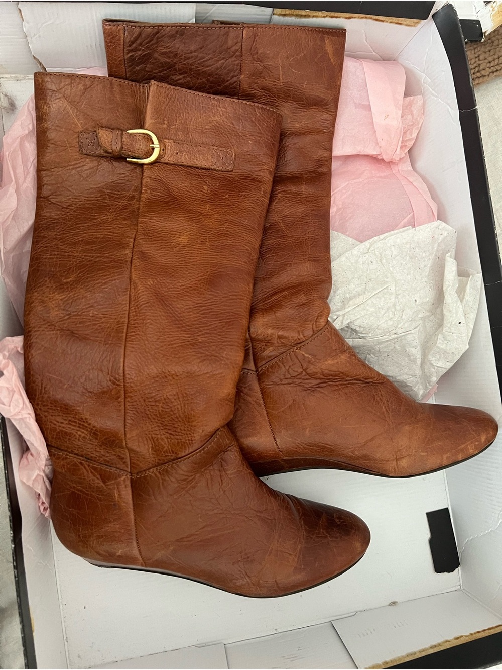Steve Madden Cognac Brown Leather Mid-Calf Boots with Buckle